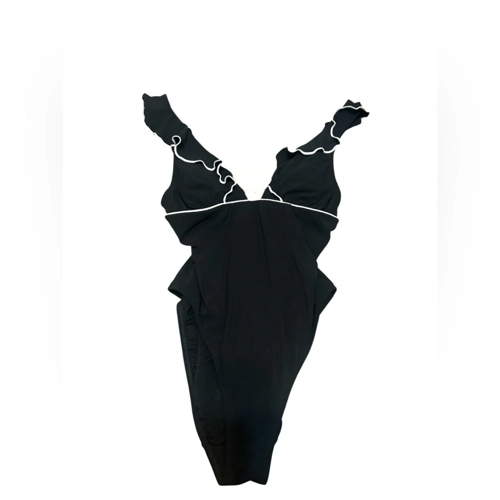 Robin Piccone Women's Black Malia Ruffle Plunge One-Piece Swimsuit Size 10 - Picture 3 of 5
